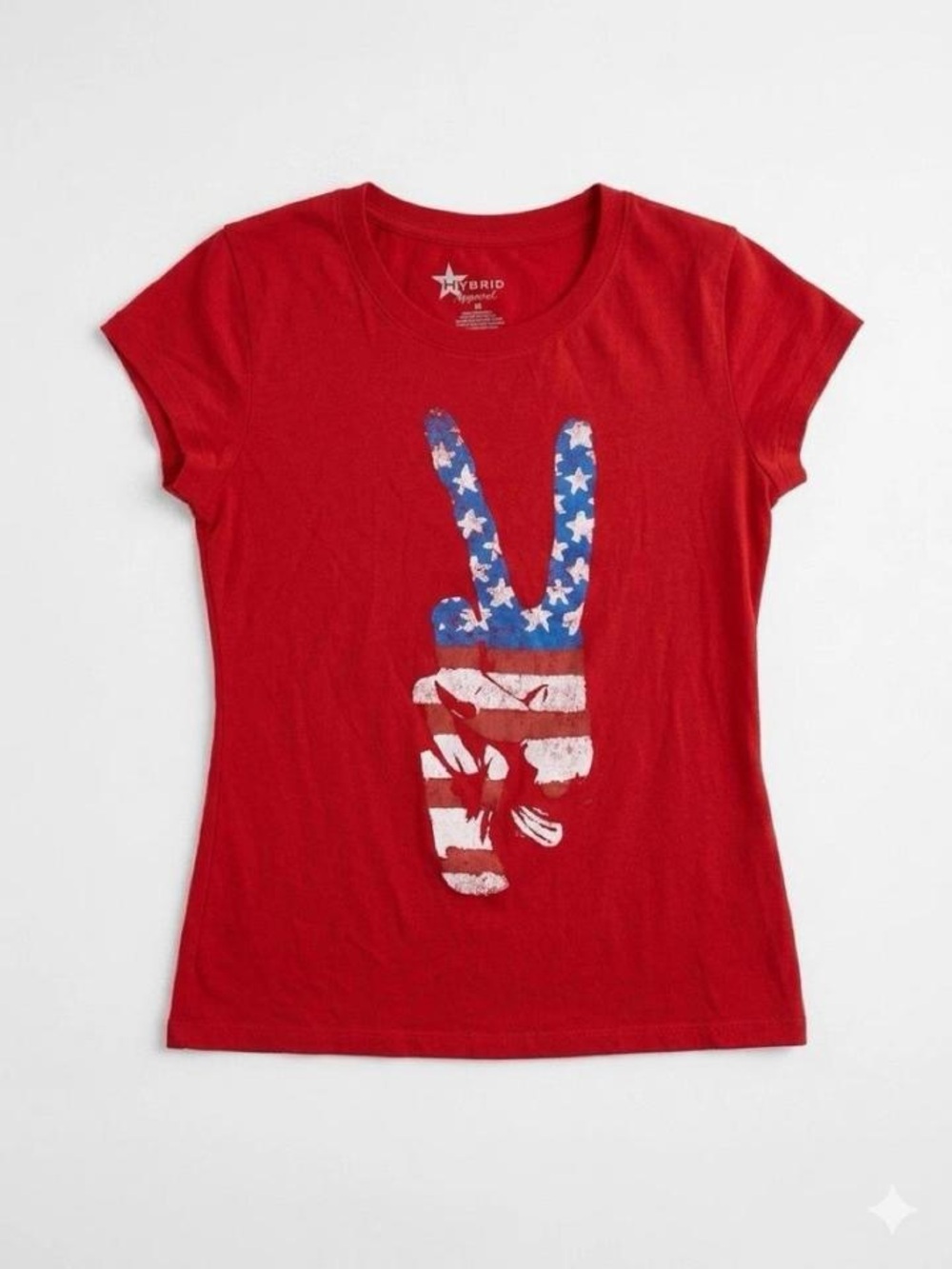 Hybrid Apparel Red Short Sleeve Tee with American Flag Peace Hand